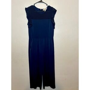 Michael Kors Navy Blue Jumpsuit Size L Mesh Crochet Yoke Flutter Sleeve Wide Leg